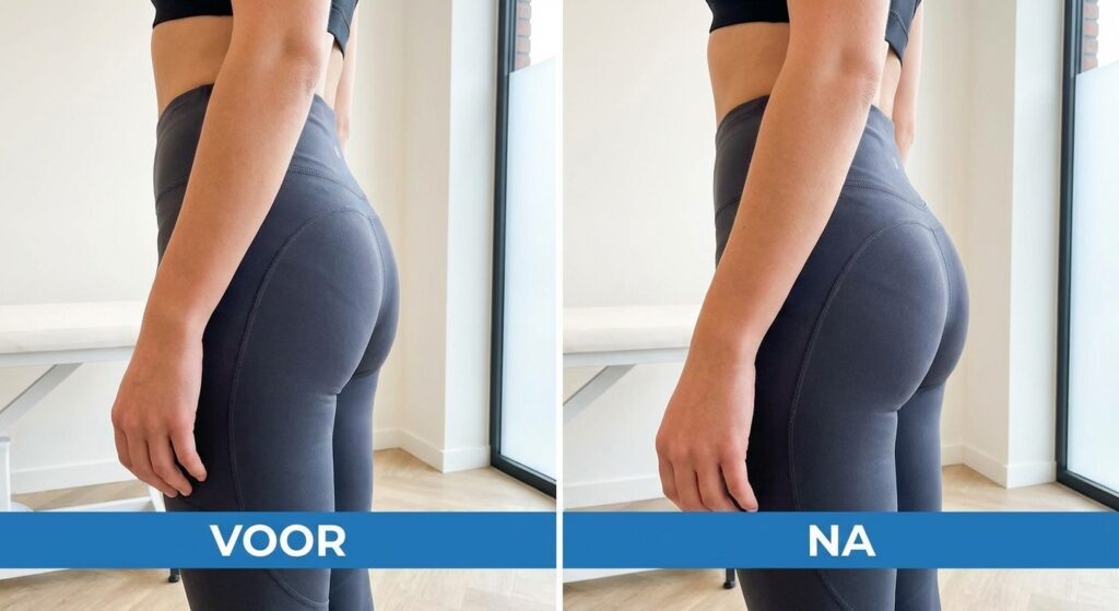 Op de foto zie je in een voor- en na-opname hoe een sportieve legging de bilcontour subtiel voller en gelift laat lijken. Dit beeld illustreert hoe gerichte injectables in een cosmetische kliniek de ronding en symmetrie van de bil kunnen verbeteren voor een natuurlijke lift. De gladde huid en verfijnde vorm geven een duidelijk voorbeeld van huidverbetering en esthetische bilverfraaiing. Zo toont deze vergelijking de mogelijkheden van moderne behandelingen voor een verzorgde en gebalanceerde uitstraling.